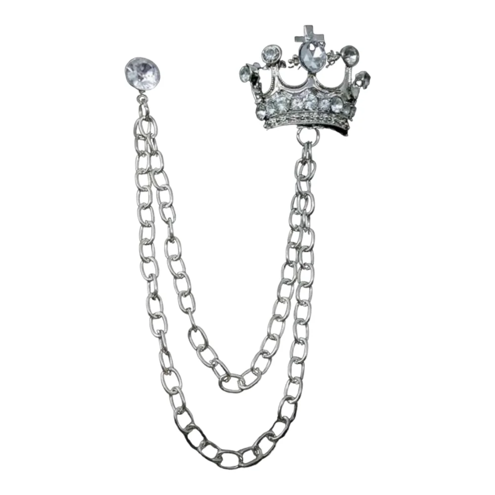 Crown Silver Tone With Rhinestones Unisex Chained Decor Brooch